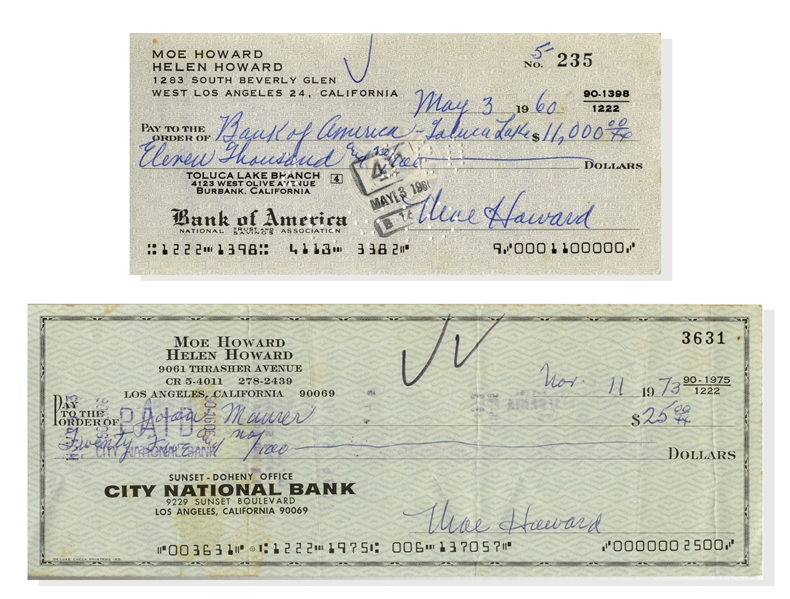 Moe Howard Lot of Two Checks Signed, One Made Out to His Daughter, Dated 11 November 1973 and Measuring 8.25'' x 3'' -- Other Dated 3 May 1960 -- Very Good Condition
